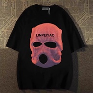 T-shirt Unisex High Street, Desain Topeng Rajut Artistik dengan Teks, Bahan Katun 100% Berkualiti