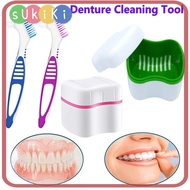 SUKIKII Dentures Container with Basket Durable Cleaning Tool Double-layer Cleaner Brush
