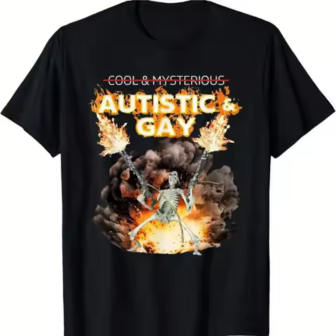 Autistic Gay Skeleton Cursed Autism Meme Men's T-Shirt Bold Graphic Tee with Flames Black Shirt for 