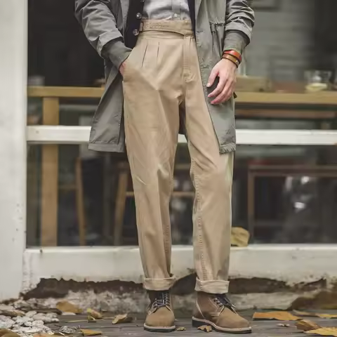 Maden Vintage Khaki Gurkha Pants Adjustable High Waist Casual Cargo Work Pants Classic Straight Trou
