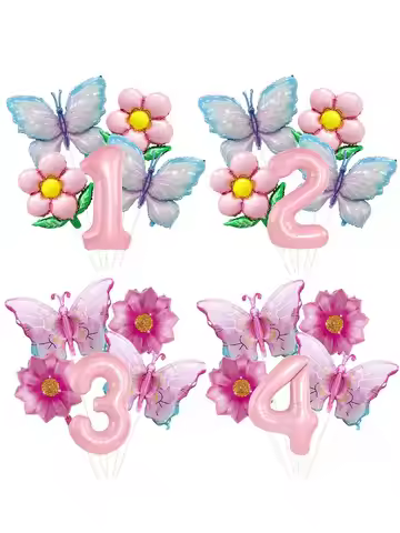 Pink Number Balloon Butterfly Balloon Set Butterfly Balloons Foil 32inch 1st-9th Number Birthday Dec
