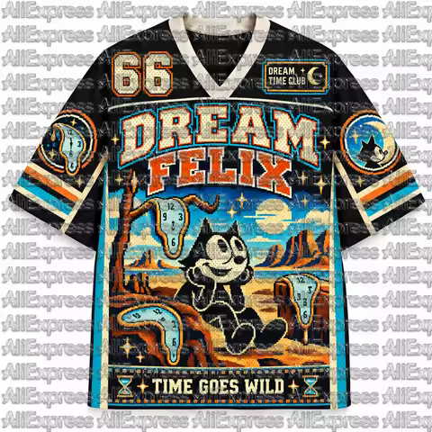 Dream Felix Cat 66 Pattern Men's Mesh V-neck Short Sleeved T-shirt Retro Surreal Dali Clock Cartoon 