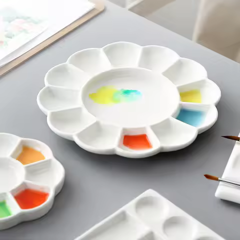 9/13/14-Well Porcelain Watercolor Paint Ceramic Palette,Mixing Palette Tray Watercolor Dish Gouache 