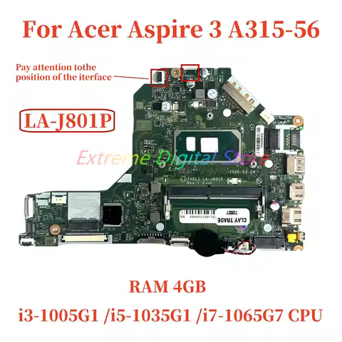 LA-J801P For Acer Aspire 3 A315-56 Laptop Motherboard with i3 i5 i7-10th Gen CPU 4GB RAM DDR4 100% T