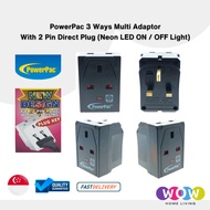 Powerpac 3 Way Multi Adaptor With 2 Pin Direct Plug In Black (Neon Led On/Off Light)