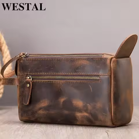 WESTAL Men's Clutch Wallet Crazy Leather Long Handbag For Men Zipper Hand Clutch Bag Genuine Leather