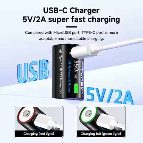 CR2 Rechargeable Battery USB Type-C Fast Charge 3.7V 350mAh lithium CR 2 battery for Digital Camera 