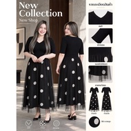 Polka Dot Mesh Dress V-Neck Short Sleeves Black Set Length 49 Inches