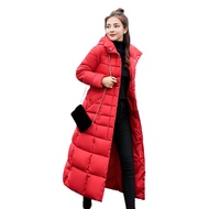 Winter Women Cotton Jacket Detachable Hood Neck Protection Long Sleeves Pockets Knee Length Zipper C