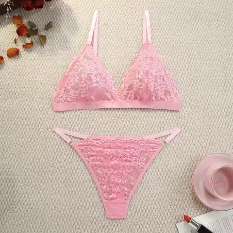 Victoria Underwear Triangular Cup Low-rise Underpanty Two Piece Set Pink Red Lingerie Panty Set Wome
