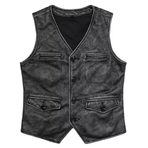 New Gery Vintage Genuine Leather Vest Man Natural Cowhide Work Clothes Men's Safari Style Slim Sleev