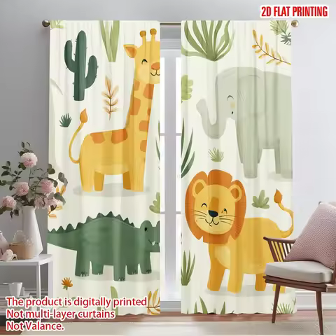2pcs 2D flat printing Party Curtains Cute Safari Animals Jungle Theme Polyester Without Electricity 