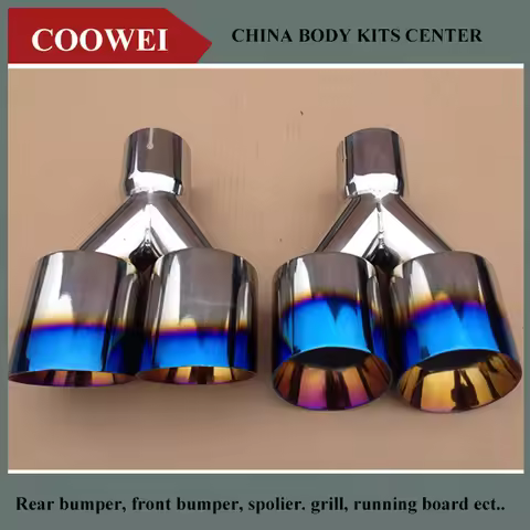 1 Pair(L+R) 304 Blue Stainless Steel 1 to 2 Dual Pipe Exhaust System Blue Muffler Universal Car Auto