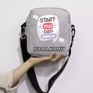 Unisex Islamic Motivational Children's Sling Bag with Words Starting a Day with Bismillah
