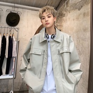 แจ็คเก็ตหนังผู้ชายหลวมอินเทรนด์สไตล์อเมริกันแจ็คเก็ตรถจักรยานยนต์ถนนสูง Leather jacket men's baggy h