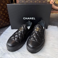 CHANEL菱格紋羊皮雙C厚底樂福鞋休閒鞋38.5號*黑色