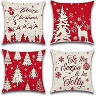 Cushion Cover, 65x65cm Set of 4, Christmas Red and White Soft Velvet Throw Pillow Cases 26x26in, Square Sofa Cushion Cover with Invisible Zipper for Couch Bed Car Bedroom Home Decor