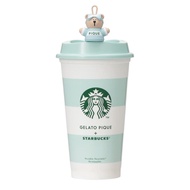 【Direct From Japan】Starbucks Gelato Pique Border Reusable Cup, Mint Green, 473ml + Bearista Cap, Gel