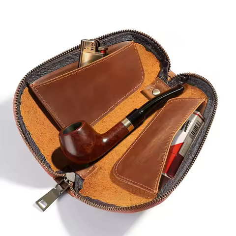 Crazy Horse Leather Tobacco Pipe Pouch, New Cross-Border Genuine Cow Leather Zipper Bag for Tobacco 