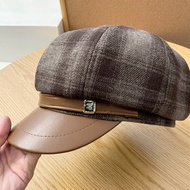 Soon Online PU Leather Brim Plaid Octagonal Hat Female Autumn Winter Outing Temperament Beret Retro 