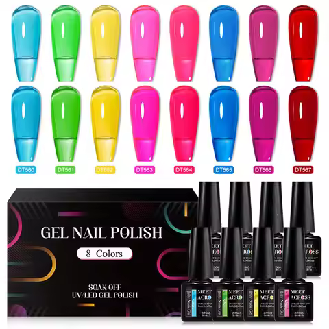 MEET ACROSS 8Pcs/Set Jelly Glass Gel Nail Polish Set Crystal Nude Pink Semi Permanent UV Gel Kit For