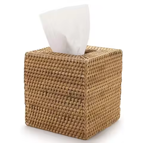 Square Rattan Tissue Box Cover Hand Woven Wicker Tissue Holder 5.7x5.7x5.7 In For Home Living Room O