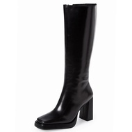 Black Leather Knee High Boots for Women Platform Chunky Heeled Long Tall Boots Square Toe Fashion Dr