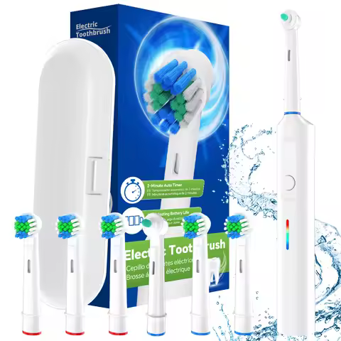Waterproof Rechargeable Electric Toothbrush with 6 DuPont Brush Heads, 3 Modes & 2 Min Timer, Compat