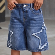 Quần short denim ống rộng Y2K Frayed Star cho bé gái, trang phục dễ thương khi trở lại trường vào mù