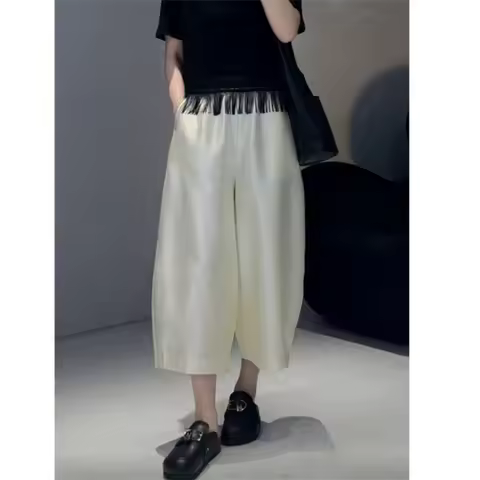Limiguyue Satin Wide Leg Pants Women Loose Casual High Waist Capri Pants Basics Solid Color Versatil