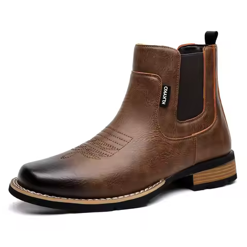 2026Men's Boots Retro Embroidery Western Cowboy Short Boot British Style High Top Leather Boot Chels