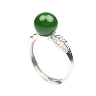 【正佳珠寶】和田碧玉 頂級蘋果綠碧玉圓珠 奢華碧玉戒指 925銀白