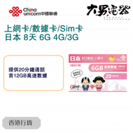 中國聯通 - 【日本】 8天 4G/3G 通話無限上網卡數據卡Sim咭 (首6GB高速數據) 香港行貨