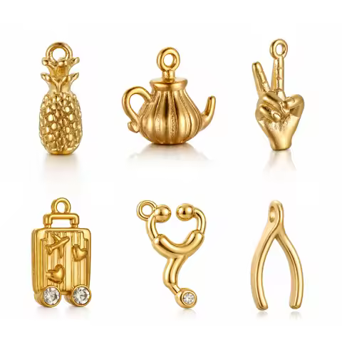 3Pcs Victory Gesture/Rhinestone Suitcase/Wish Bone Lucky Charms Stainless Steel 3D Pendants DIY Neck