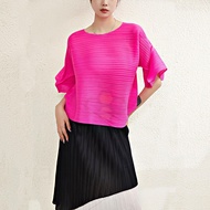 ♛☒✒ Aiden001 Average Size Folded Sleeve Shirt Female Solid Color T-Shirt Summer Commuter Pleated Top