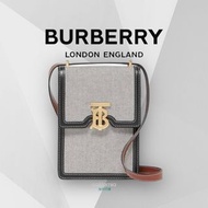 可6期分期0利率 🇬🇧Burberry Robin 手機包 灰/棕 編織棉麻布皮革材質