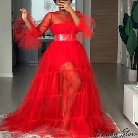 Summer 2025 New Women's Maxi Dress Sling Mesh Long Sleeve Swing Party Dresses Pleated Cake Vestidos