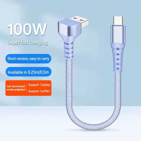 90 Degree Elbow USB A to Type C Cable for Power Bank,Short 0.15m/0.25m/0.5m/1m Braided 5A Fast Charg