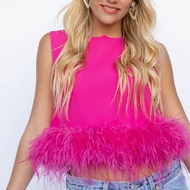 FUFUCAILLM Elegant แฟชั่น Feather Tank Tops ผู้หญิงฤดูร้อนรอบคอ Crop Tops Chic A-Line เสื้อกั๊ก90S S
