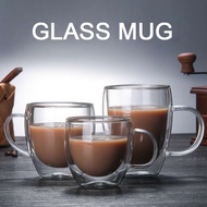 [Fun cup]Double Clear Glass Coffee Cup Water Mug Double Layer Glass Tea Cup Heat Resistant Milk Cup with Handle CROSSTO starbucks