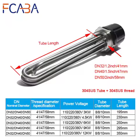 FCABA 304 Stainless Steel DN32/DN40/DN50 Immersion Boiler Heater 110V/220V/380V Water Heating Elemen