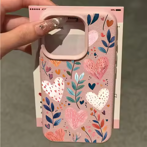 Cute Love Heart Leaves Candy Leather Texture Case For OPPO Reno 15F 15 13 14 12 11 10 Pro 13F 12F 11