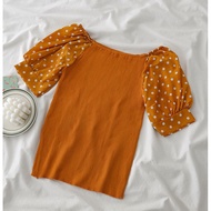 SK8069 -M'SIA Ready Stock Women Knitted Top Women Top 一字领波点雪纺拼接短袖针织衫上衣