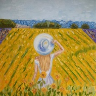 Sunflower field painting Girl in the field wall 向日葵田野圖片 女孩油畫