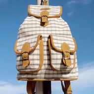 皮革拼接設計後背包 麂皮肩背包 民族風登山包 真皮背包-棉麻格紋