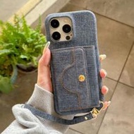 1pc Solid Color Litchi Texture Denim Pattern Lanyard With Built-In Makeup Mirror, Multi-Card Wallet 