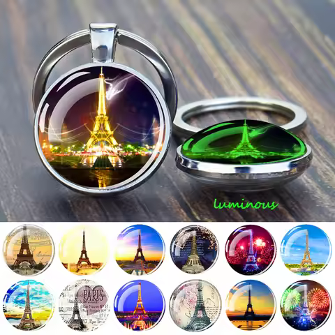 Luminous Eiffel Tower Keychains Two-Side Glass Pendant Key Chain France Paris Eiffel Tower Glow in T