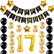 (SG SELLER) 17th Birthday Decorations, 17th Birthday Balloon, Black & Gold Birthday Decorations Set 