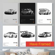 (Have Framed)Black and White Luxury Sports Car Poster Wall Painting 911 GT3 RS Canvas Painting Garag