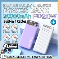 SG RAEDY STOCK Fast Charging Powerbank 20000mAh/30000mAh Built-in Charging Cables PD20W Power Bank With LED Light